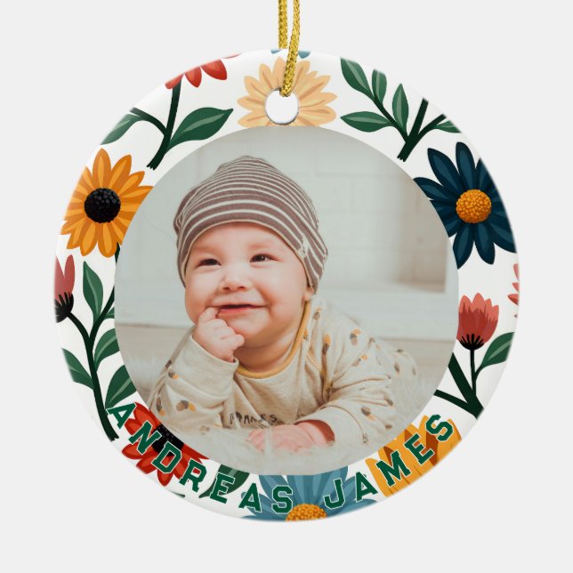 Ornamento De Cerâmica Classic Floral Baby's First Christmas Ornament (Frente)