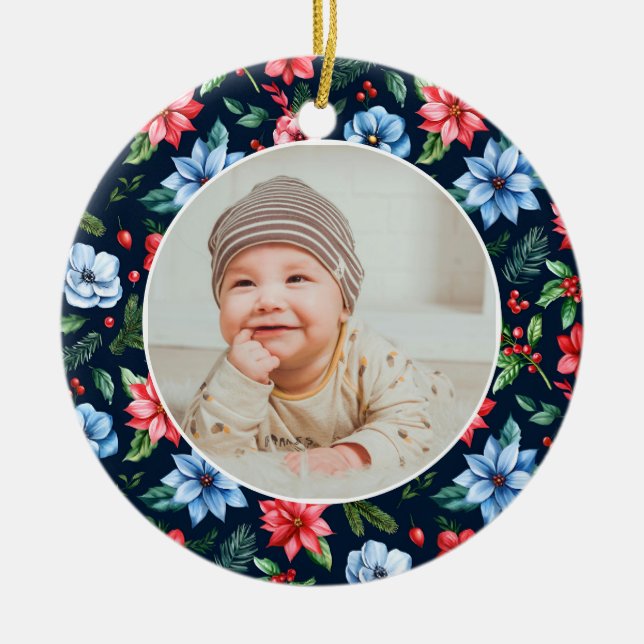 Ornamento De Cerâmica Classic Floral Frame Baby's First Christmas  (Frente)