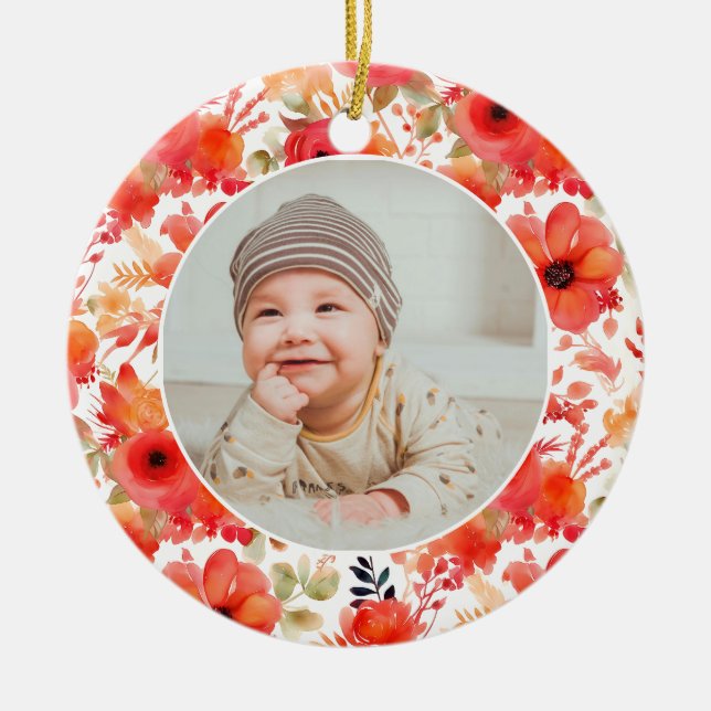 Ornamento De Cerâmica Classic Floral Frame Baby's First Christmas  (Frente)