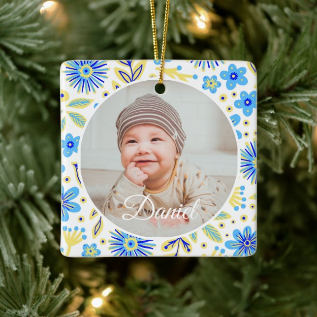 Ornamento De Cerâmica Classic Floral Frame Baby's First Christmas (Árvore)