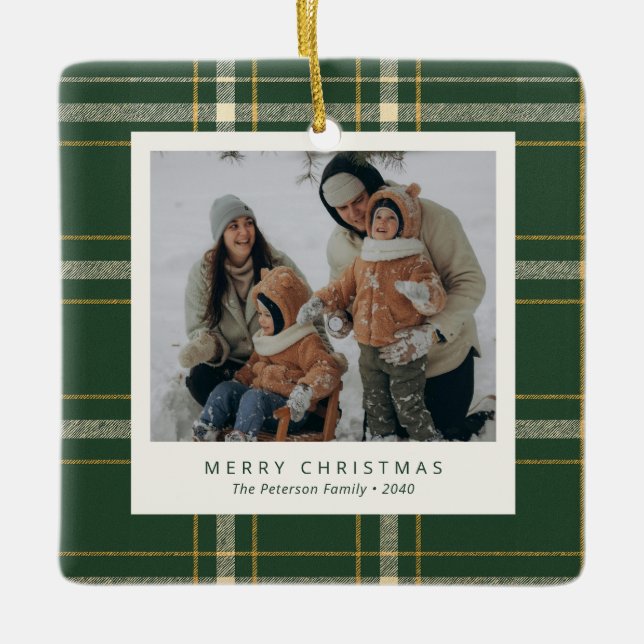 Ornamento De Cerâmica Classic Green Plaid Family 4 Photo Holiday (Frente)