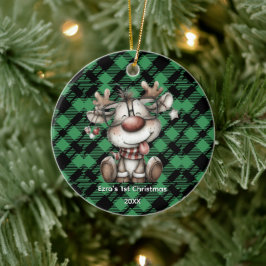 Ornamento De Cerâmica Classic Holiday Green Checkered Pattern Custom