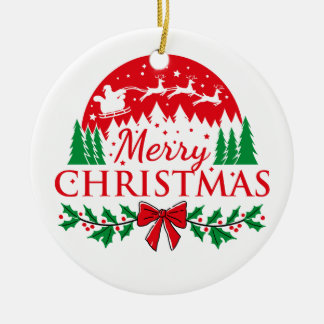 Ornamento De Cerâmica "Classic Merry Christmas Reindeer & Santa Ornament