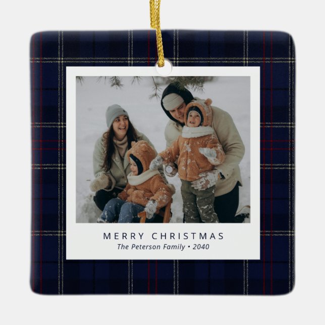Ornamento De Cerâmica Classic Navy Blue Plaid Family 4 Photo Holiday (Frente)