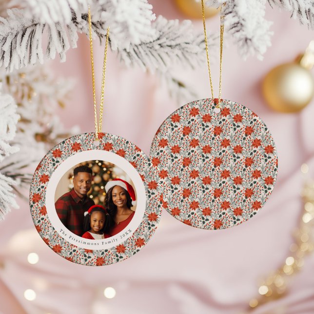 Ornamento De Cerâmica Classic Red Poinsettia 1 Family Photo Christmas (Poinsettia Season 1 Sided Photo Christmas Ornament white)