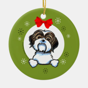 Ornamento De Cerâmica Clássico branco do Natal de Brown Shih Tzu