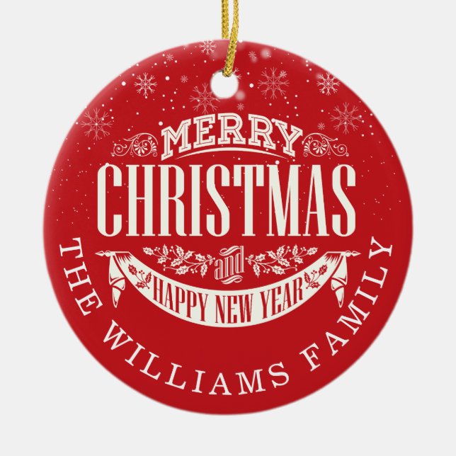 Ornamento De Cerâmica Clássico Feliz Natal e um Feliz Ano Novo Foto (Frente)