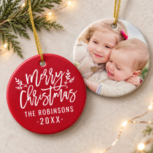 Ornamento De Cerâmica Clássico Foto de Natal Vermelho Branco Roteiro