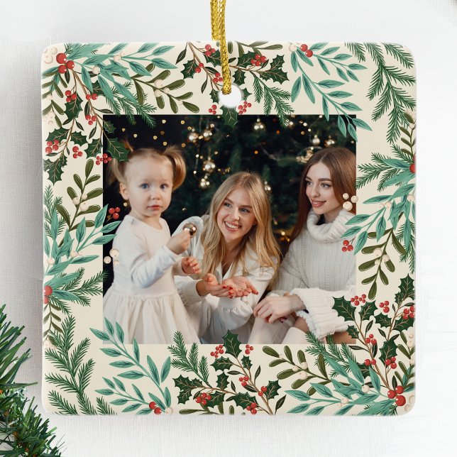 Ornamento De Cerâmica Clássico Natal Floral Botânico Dois Foto (Criador carregado)