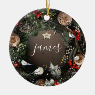 Ornamento De Cerâmica Clássico Vintage Nome Ano Coroa de Natal