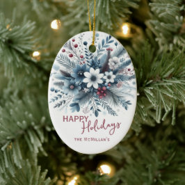 Ornamento De Cerâmica Classy Dark Teal Blue Red Floral Holiday Wreath