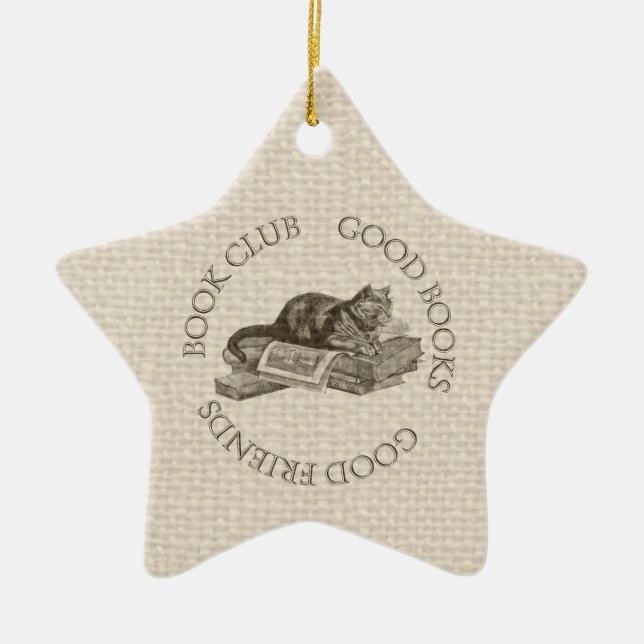 Ornamento De Cerâmica Clube de Livro - Bons Livros - Bons Amigos Com Gat (Frente)