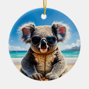 Ornamento De Cerâmica Coala em uma praia arenosa Feliz Natal
