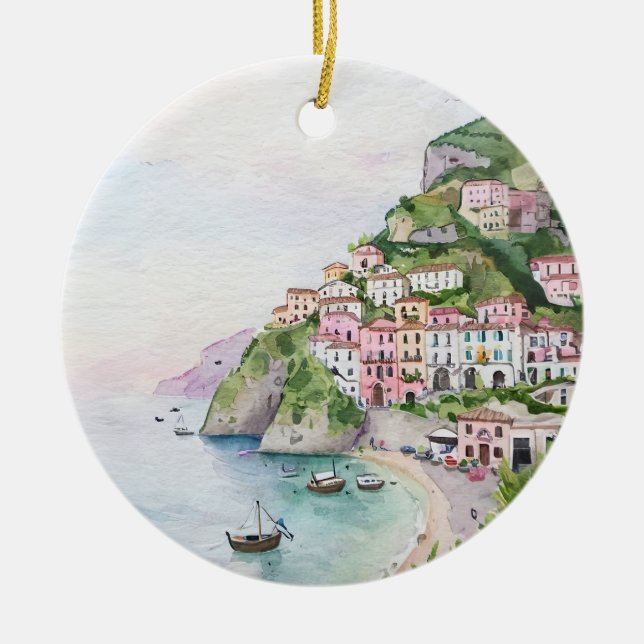 Ornamento De Cerâmica Coast Amalfi Itália Watercolor (Frente)