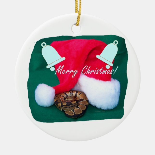 Ornamento De Cerâmica Cobra pelo Feliz Natal e pelos sinos do chapéu do (Frente)