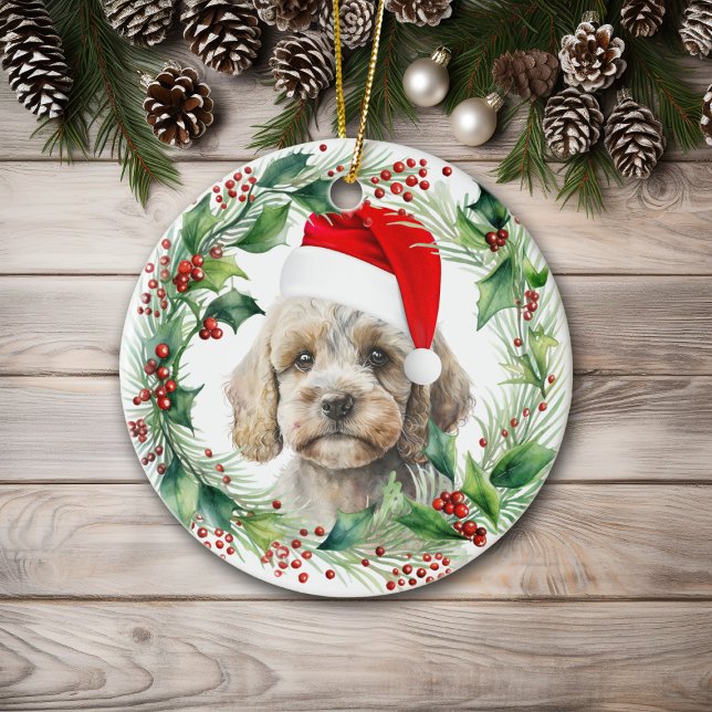 Ornamento De Cerâmica Cockapoo Bonito Cupado Holly Wreath Natal (Criador carregado)