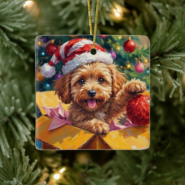 Ornamento De Cerâmica Cockapoo Dog Christmas Gift Box Surprise (Árvore)