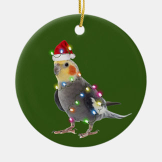 Ornamento De Cerâmica Cockatiel com Luzes de Chapéu Natal