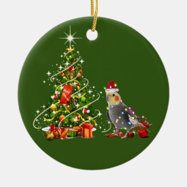 Ornamento De Cerâmica Cockatiel com o Natal do Chapéu (Frente)