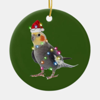 Ornamento De Cerâmica Cockatiel com o Natal do Chapéu
