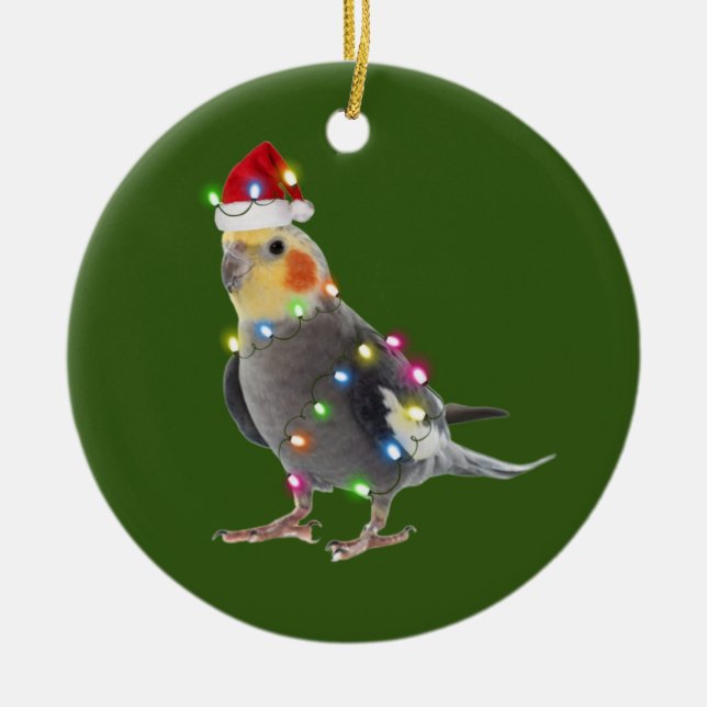 Ornamento De Cerâmica Cockatiel com o Natal do Chapéu (Frente)