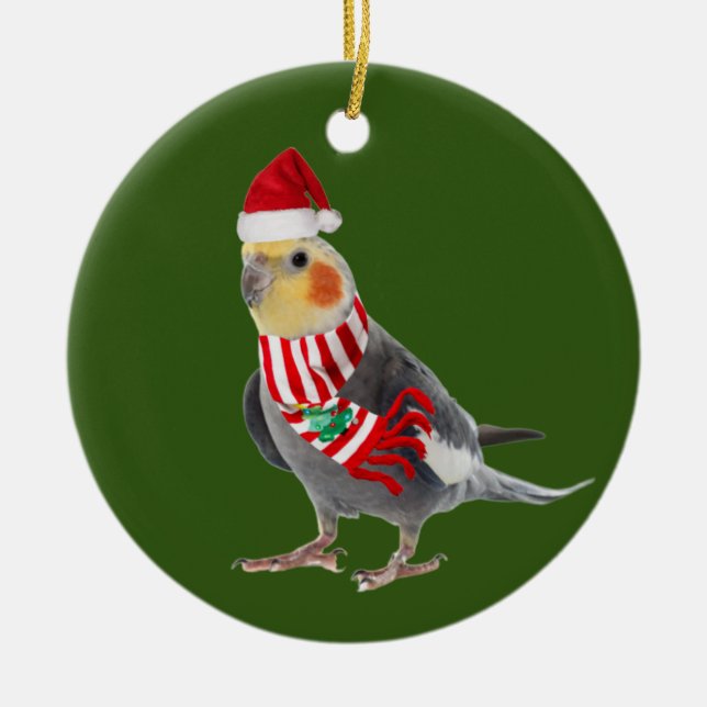 Ornamento De Cerâmica Cockatiel com o Natal do Chapéu (Frente)