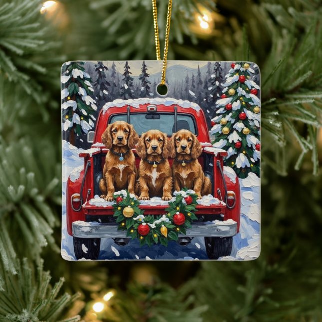Ornamento De Cerâmica Cocker Spaniel Christmas Red Truck Holiday (Árvore)