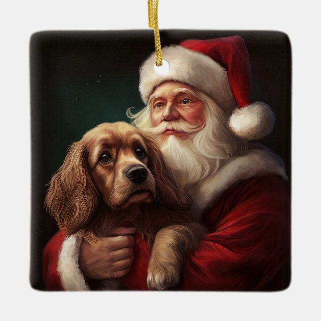 Ornamento De Cerâmica Cocker Spaniel com Papai Noel Natal Festivo (Frente)