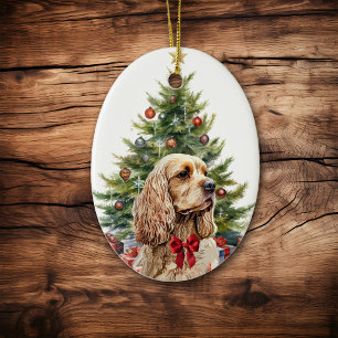Ornamento De Cerâmica Cocker Spaniel Loira com Laço Vermelho