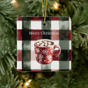 Ornamento De Cerâmica Cocoa de Natal com Flocos de Neve Xadrez Vermelho