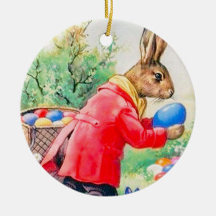 Ornamento De Cerâmica Coelhinho Bonito Vintage e Ovos Coloridos de Pásco