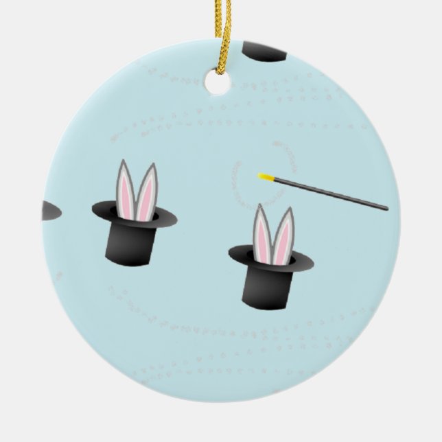 Ornamento De Cerâmica Coelhinho com um chapéu com uva mágica azul (Frente)