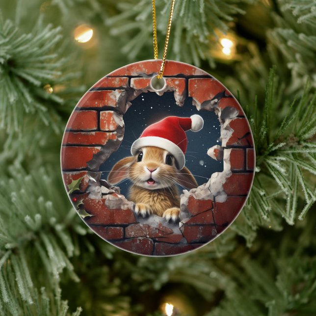 Ornamento De Cerâmica Coelhinho curioso em Santa Hat - 3D (Árvore)