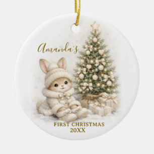 Ornamento De Cerâmica Coelhinho de Marfim Primeiro Natal Lembrança Menin