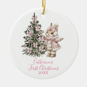 Ornamento De Cerâmica Coelhinho de Natal do Pinheiro com Laços Rosa Inve