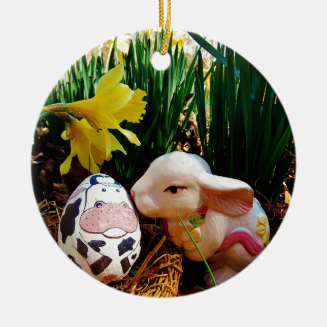 Ornamento De Cerâmica Coelhinho de Páscoa e ovo de vaca (Frente)