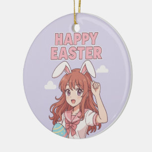 Ornamento De Cerâmica Coelhinho de Páscoa Floral de Aquarela