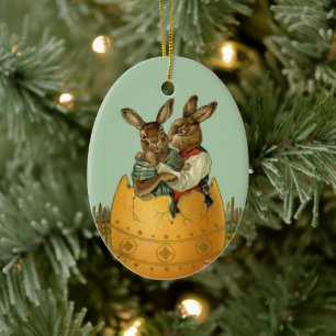 Ornamento De Cerâmica Coelhinhos da Páscoa do Victorian do vintage, ovo