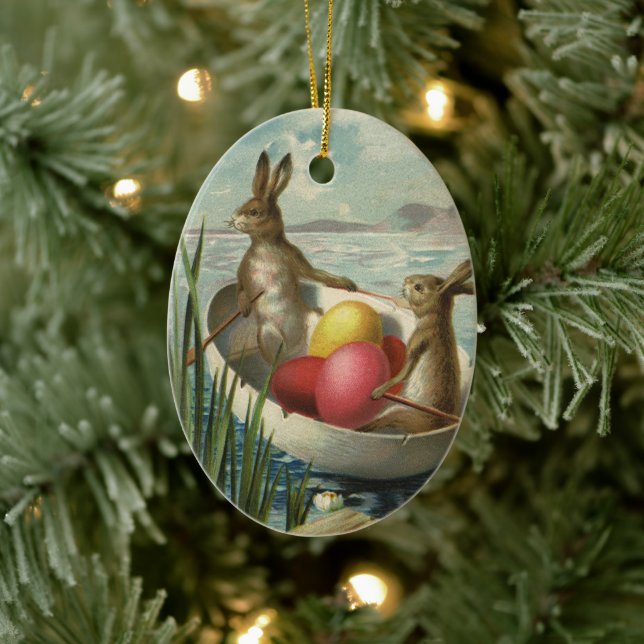 Ornamento De Cerâmica Coelhinhos de Páscoa em um Barco com Ovos de Pásco (Árvore)