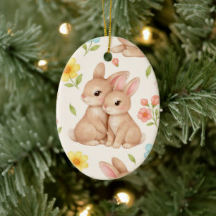Ornamento De Cerâmica Coelhinhos Doces de Primavera & Padrão de Jardim F