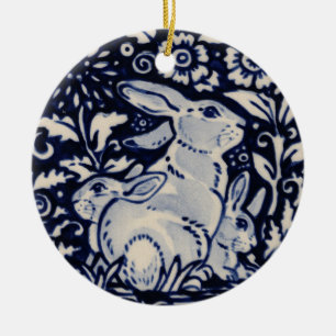 Ornamento De Cerâmica Coelho Azul e Branco Data da Mãe e Bebês Persona