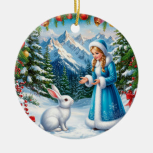 Ornamento De Cerâmica Coelho Branco e Donzela de Neve na Floresta de Inv