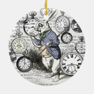 Ornamento De Cerâmica Coelho Branco Relógios Alice no País das Maravilha