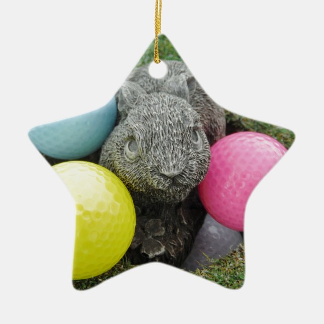 Ornamento De Cerâmica Coelho com ovo azul-rosa (Frente)