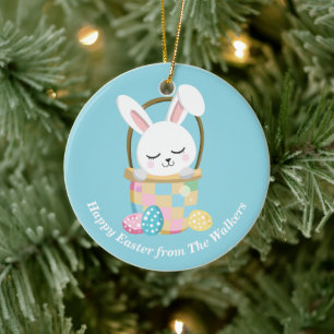 Ornamento De Cerâmica Coelho da Páscoa Feliz Personalizado Azul Bebê