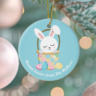 Ornamento De Cerâmica Coelho da Páscoa Feliz Personalizado Azul Bebê