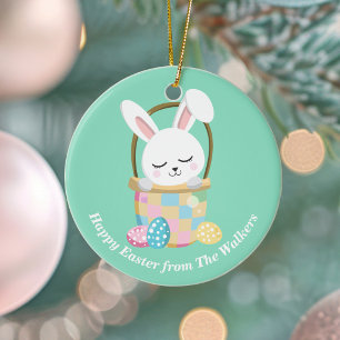 Ornamento De Cerâmica Coelho da Páscoa Feliz Personalizado Verde Pastel