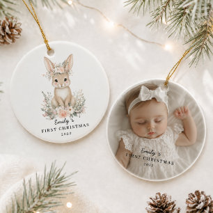 Ornamento De Cerâmica Coelho de Foto do Primeiro Natal Personalizado do 