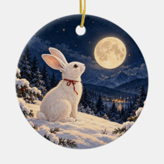 Ornamento De Cerâmica Coelho de Inverno ao Luar numa Floresta Nevada