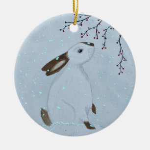 Ornamento De Cerâmica Coelho de Inverno em Aquarela